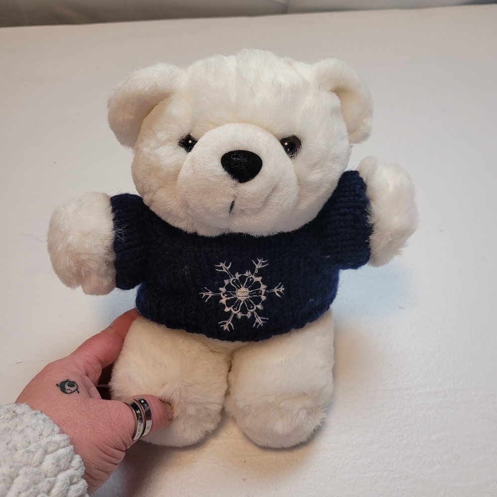 White Teddy Bear with Blue Sweater